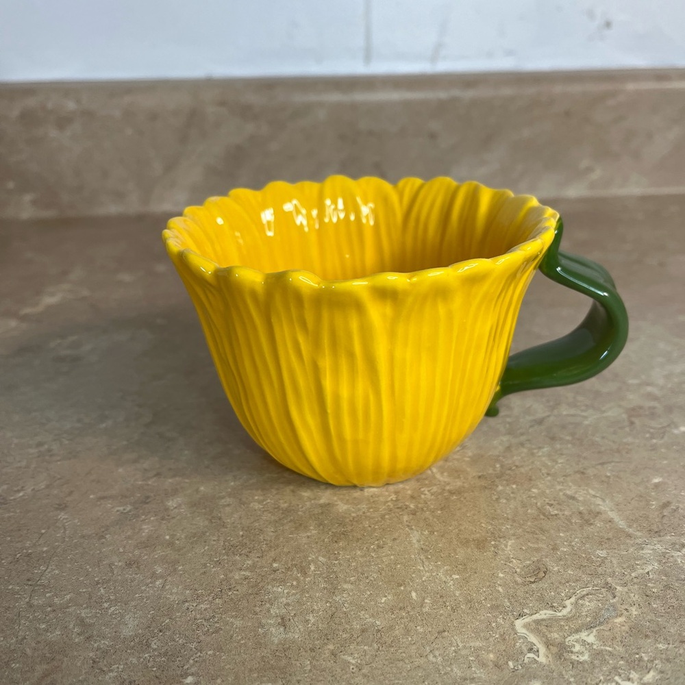 Yellow Sunflower Ceramic Tea Cup with Green Handle